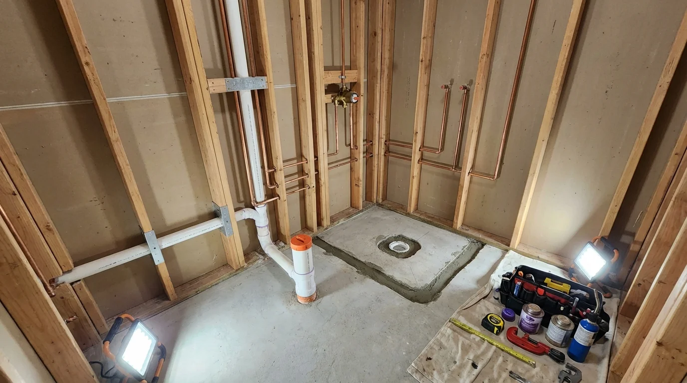 Bathroom rough-in plumbing during remodel by Johns Plumbing LLC in Harrisburg