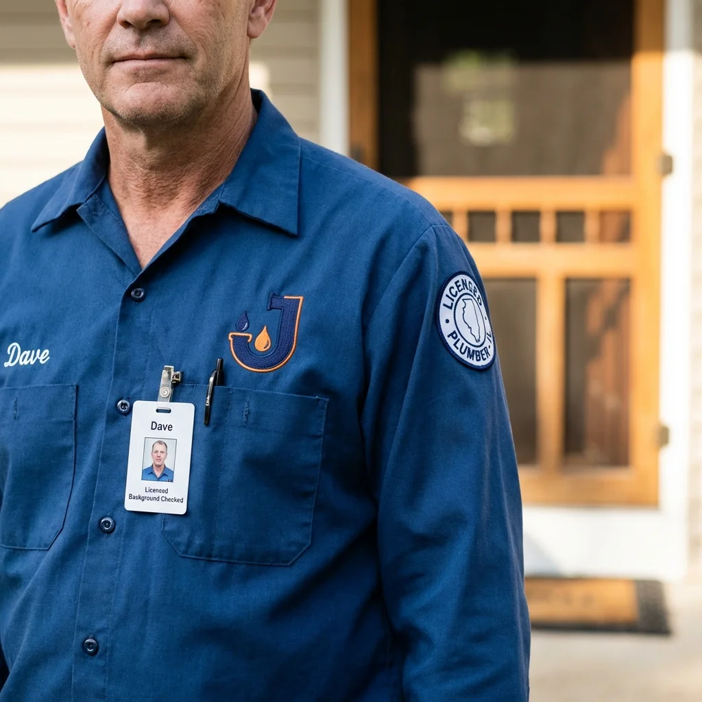 Licensed plumber showing ID badge in Harrisburg, OR