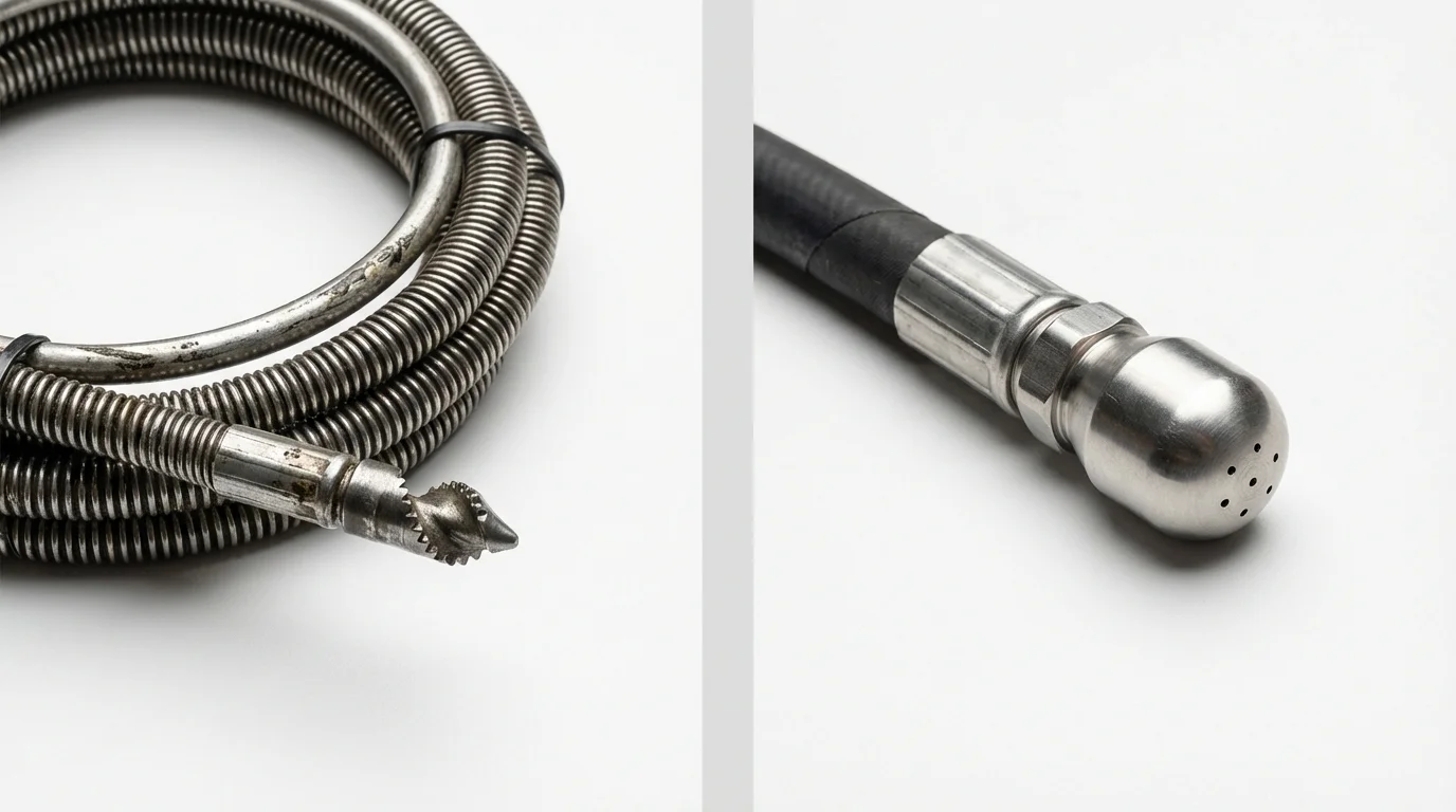 Drain snake cable and hydro jetting nozzle used for drain cleaning in Harrisburg, OR