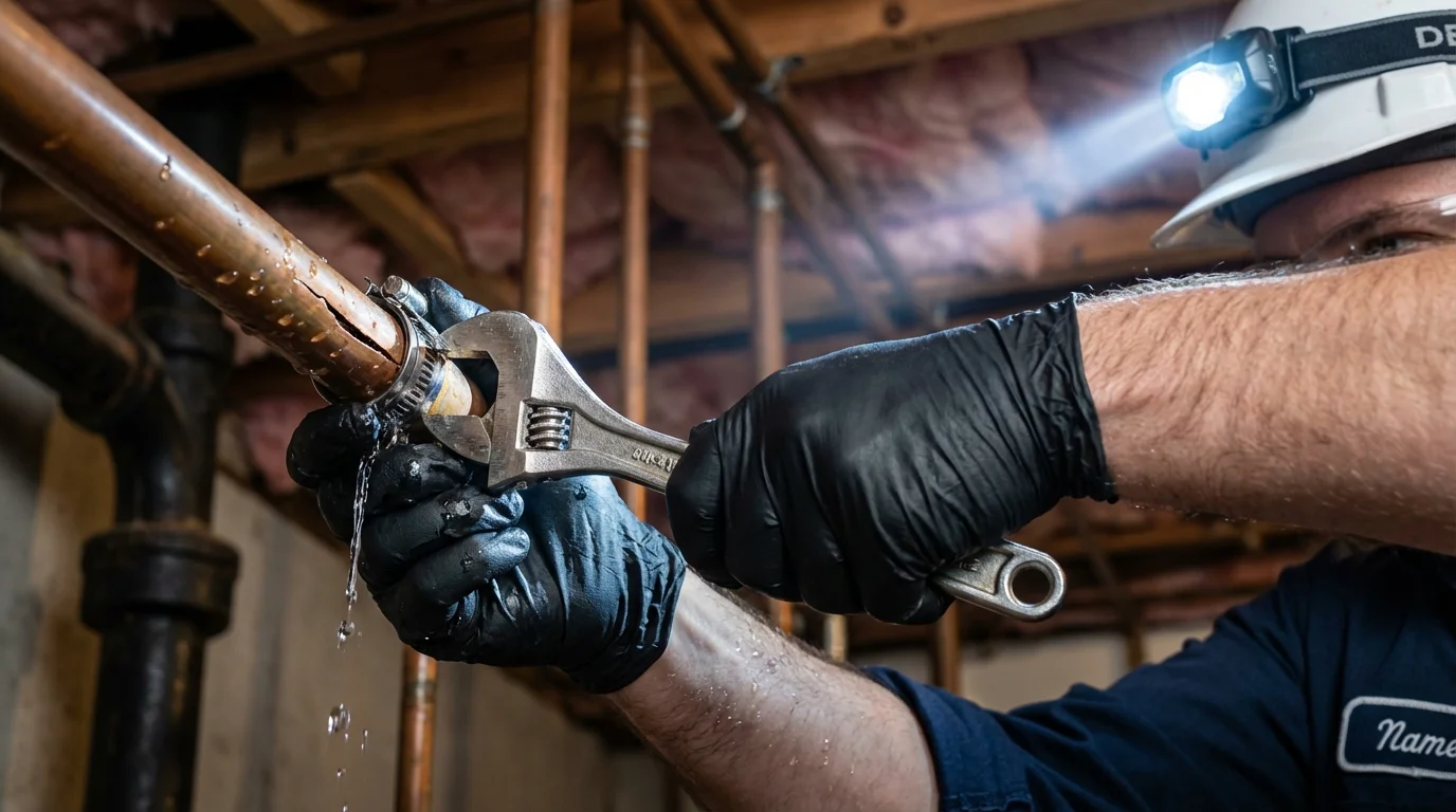 Emergency pipe clamp repair being performed by a Johns Plumbing LLC plumber in Harrisburg