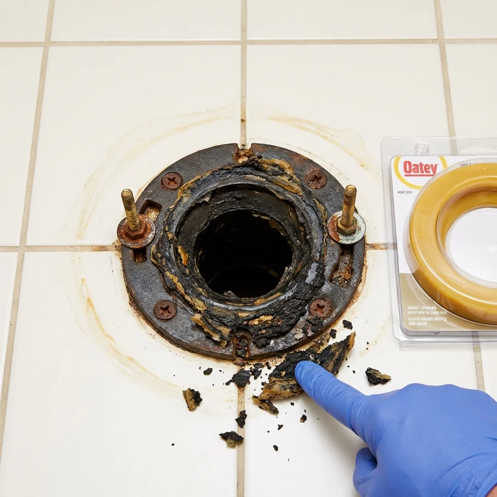 Failed wax ring showing water seepage at the base of a toilet in a Harrisburg, OR home